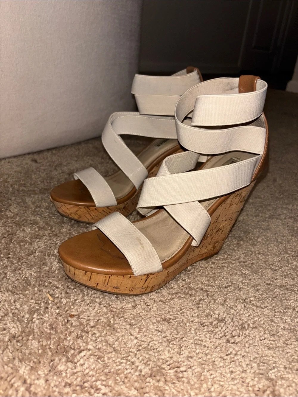 Steve Madden Beige Elastic Strappy Cork Wedges